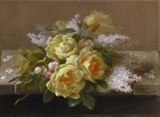 Raoul M. De Longpre - Roses, Cream; and Roses and White Lilacs on a Ledge: two works