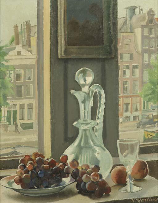 Raoul Martinez - A still life with a crystal decanter, a glass and grapes; an Amsterdam canal in the background