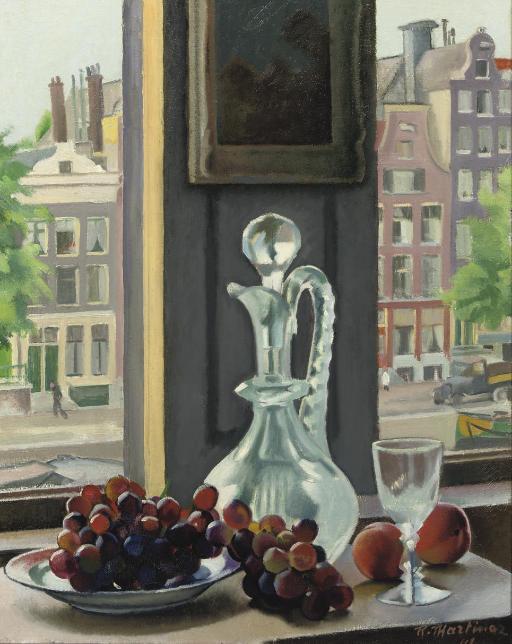 Raoul Martinez - A still life with fruits with a view from the artist\'s studio, Prinsengracht, Amsterdam