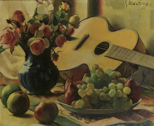 Raoul Martinez - A still life with roses, fruits and a guitar