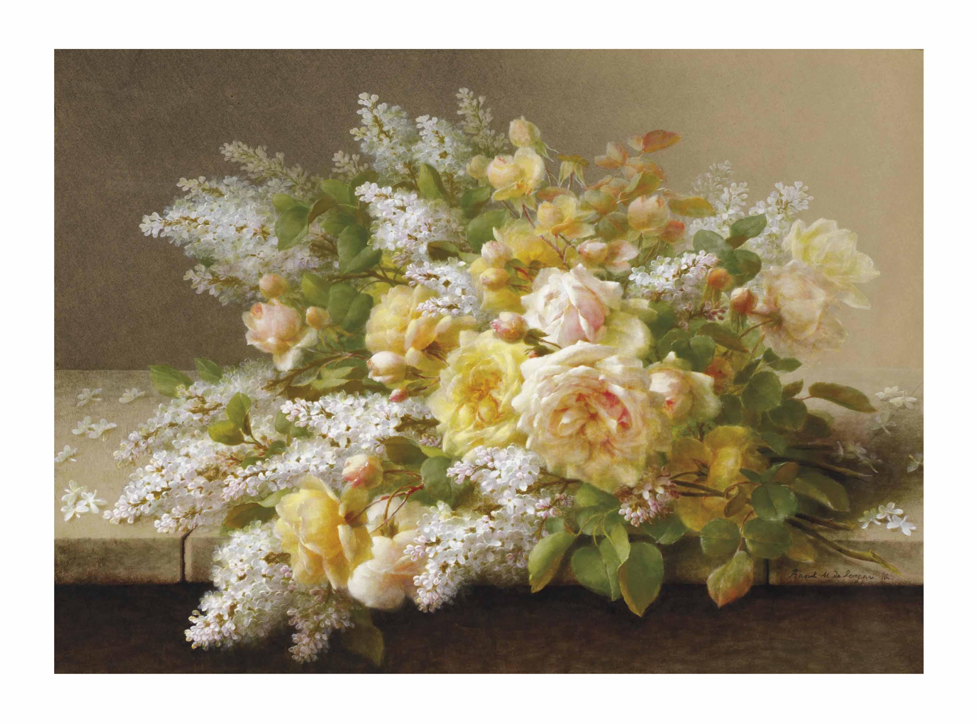 Raoul Maucherat De Longpré - Roses and Lilacs on a ledge