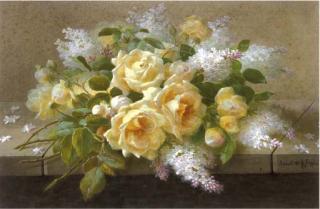 Raoul-Maucherat de Longpré - Still Life of Yellow Roses And Lilac (Illustrated); And Still Life With Pink Roses And White Hydrangeas