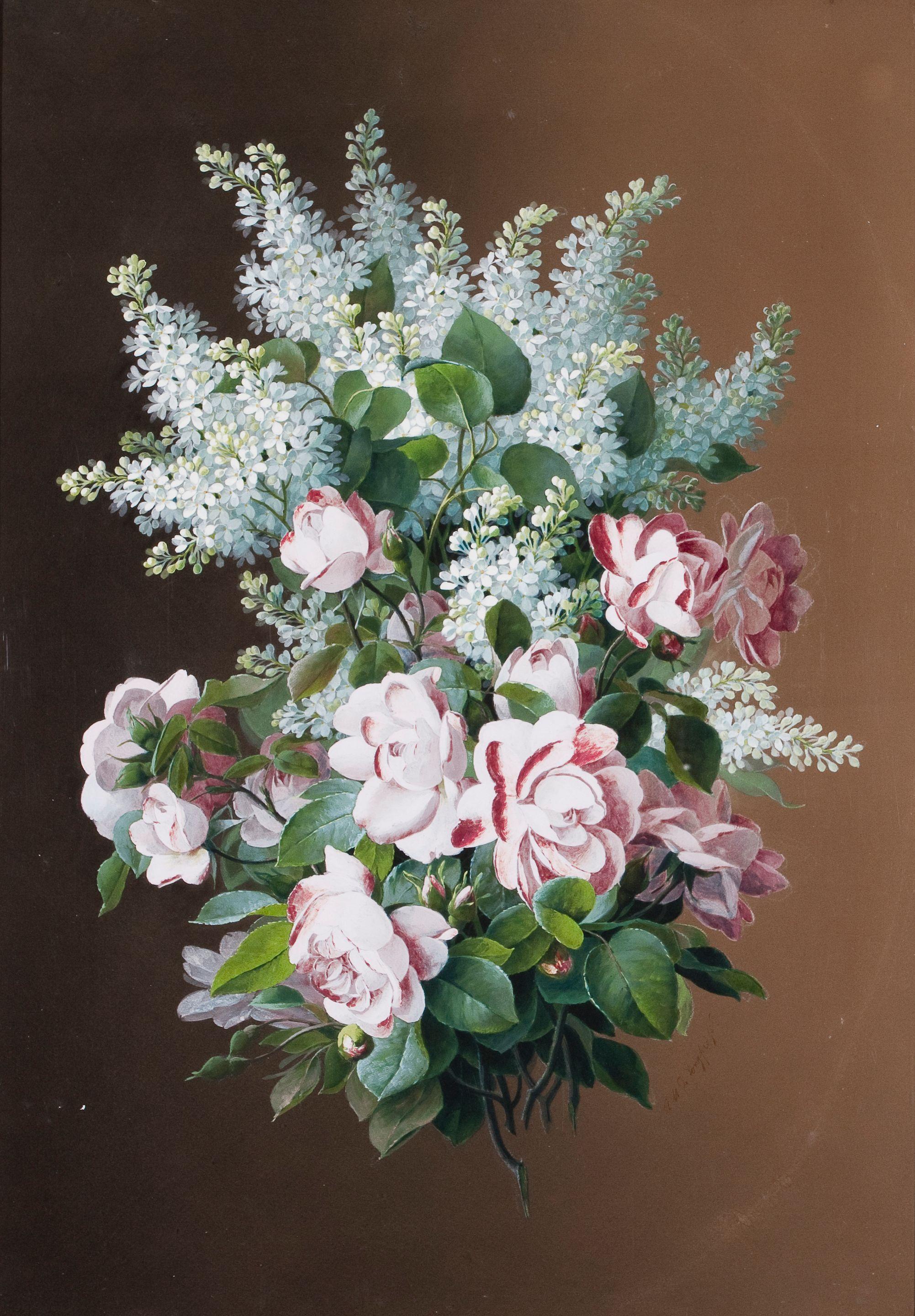 Raoul Maucherat De Longpré - Yellow roses and lilacs sight 27 3/4 x 20 1/2in (70.5 x 51.4cm)