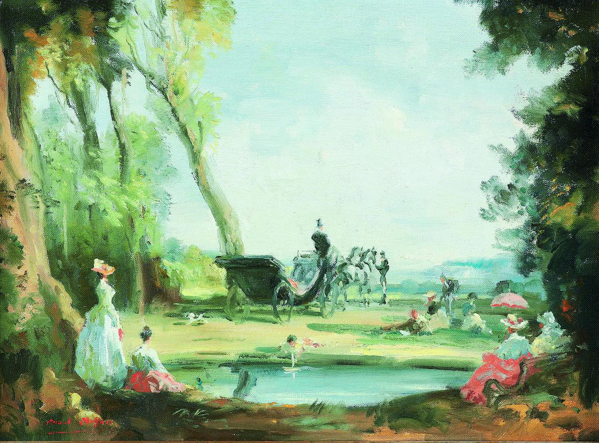 Raoul Millais - A fête champêtre, with figures and a carriage by a lake