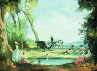 Raoul Millais - A fête champêtre, with figures and a carriage by a lake