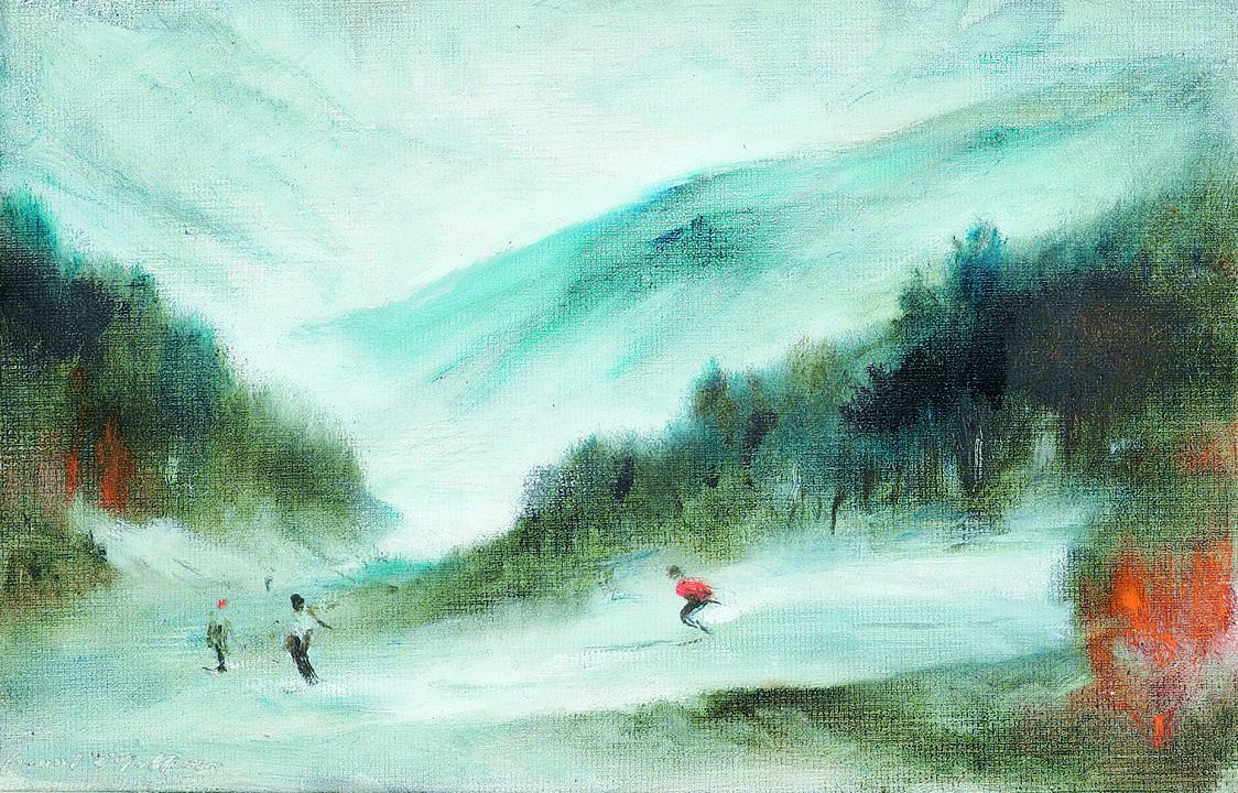Raoul Millais - Davos: Figures skiing in a valley