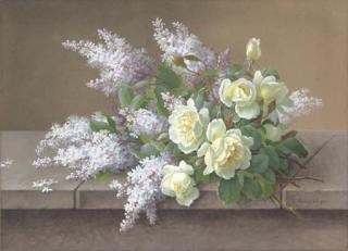 Raoul Paul M. de Longpre - Bouquet With Roses And Lilacs