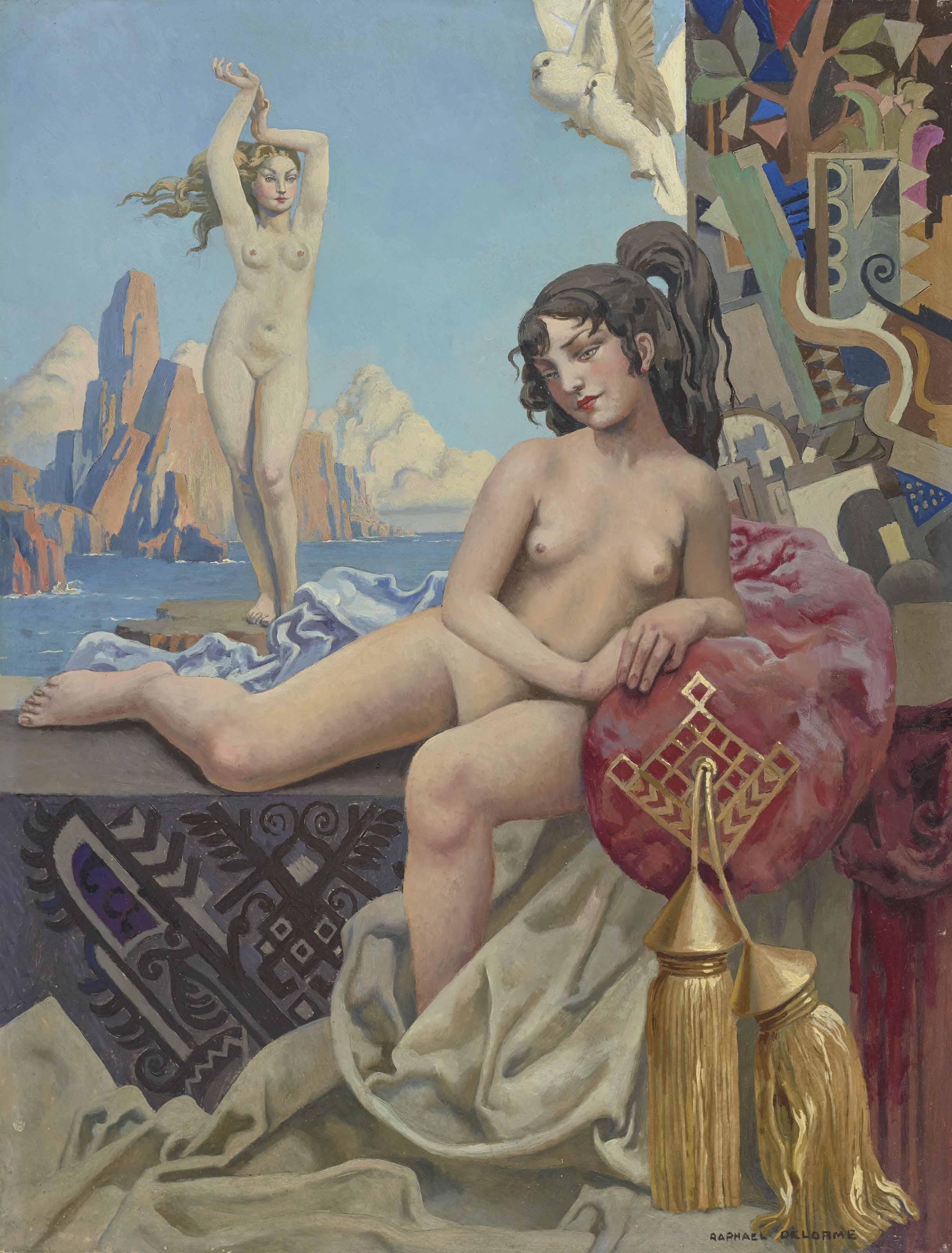 Raphaël Delorme - Une Nymphe et La Naissance de Vénus en arrière-plan