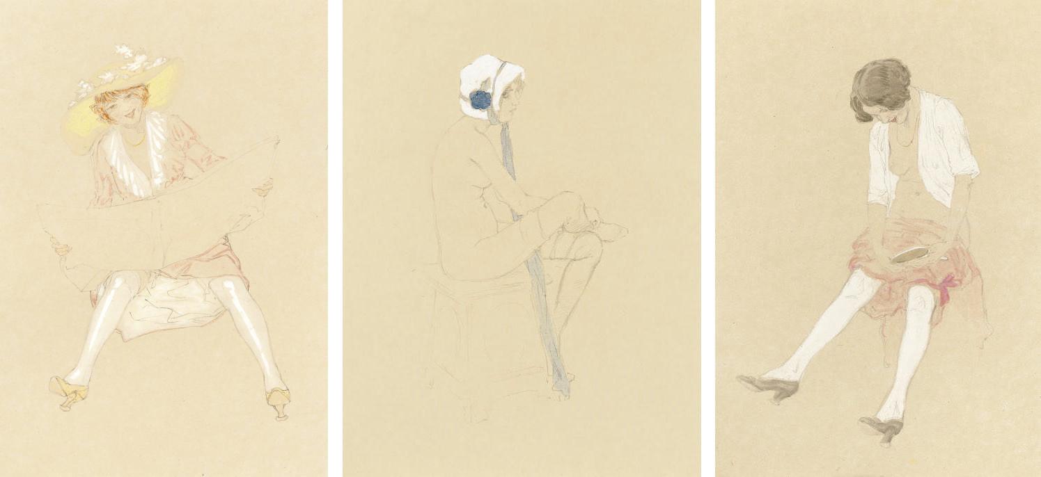 Raphaël Kirchner - Girl reading a newspaper; The white bonnet; and Reflections