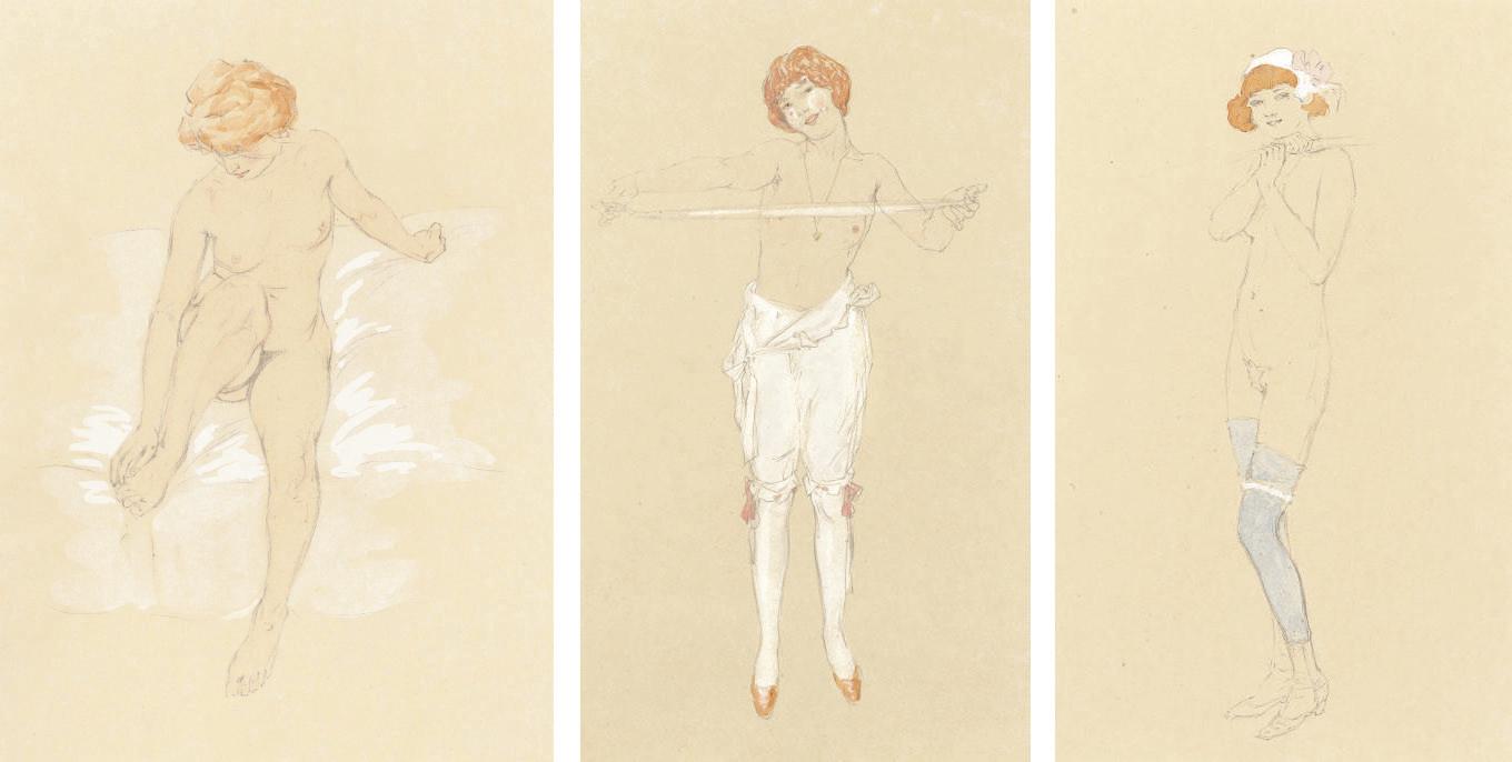 Raphaël Kirchner - Seated nude; Girl in white breeches; and Blue stockings