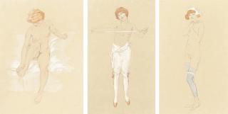 Raphaël Kirchner - Seated nude; Girl in white breeches; and Blue stockings