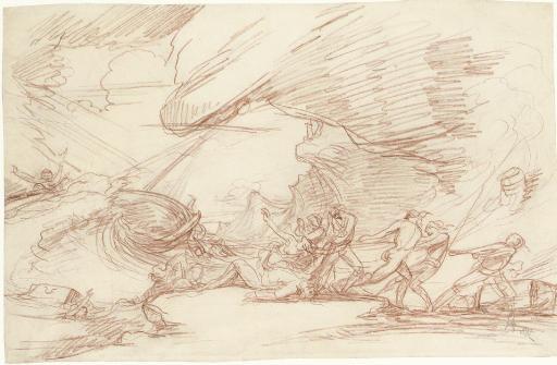 Raphael Lamar West - Figures striving to pull ashore a storm-tossed ship; and A sublime landscape