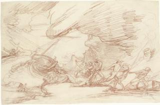 Raphael Lamar West - Figures striving to pull ashore a storm-tossed ship; and A sublime landscape