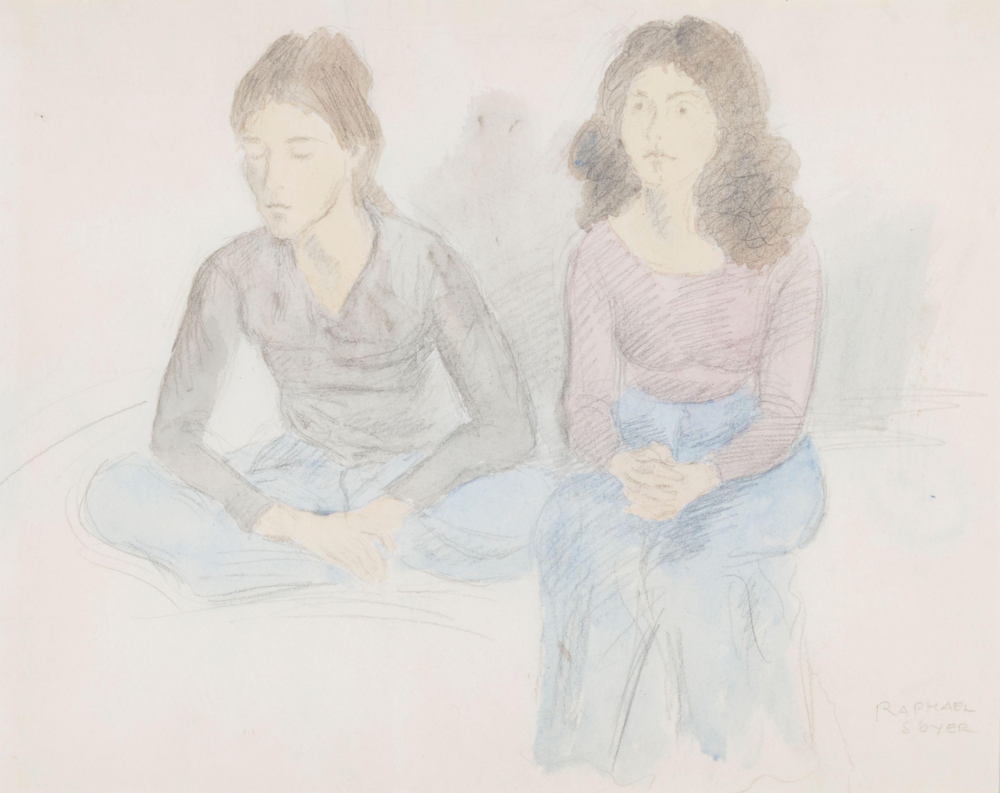 Raphael Soyer - A nude woman leaning over the sink; Two seated women (two works)