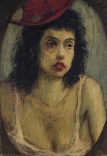 Raphael Soyer - Portrait of a woman with a red hat