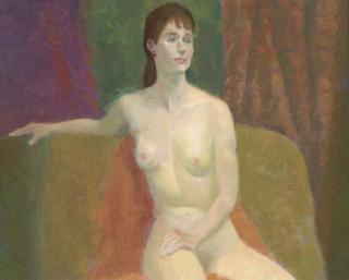 Raphael Soyer - Seated female nude with arm on sofa