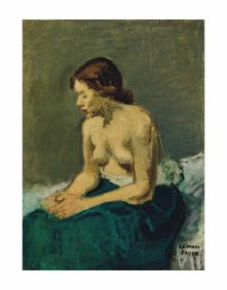 Raphael Soyer - Seated nude draped in a green cloth
