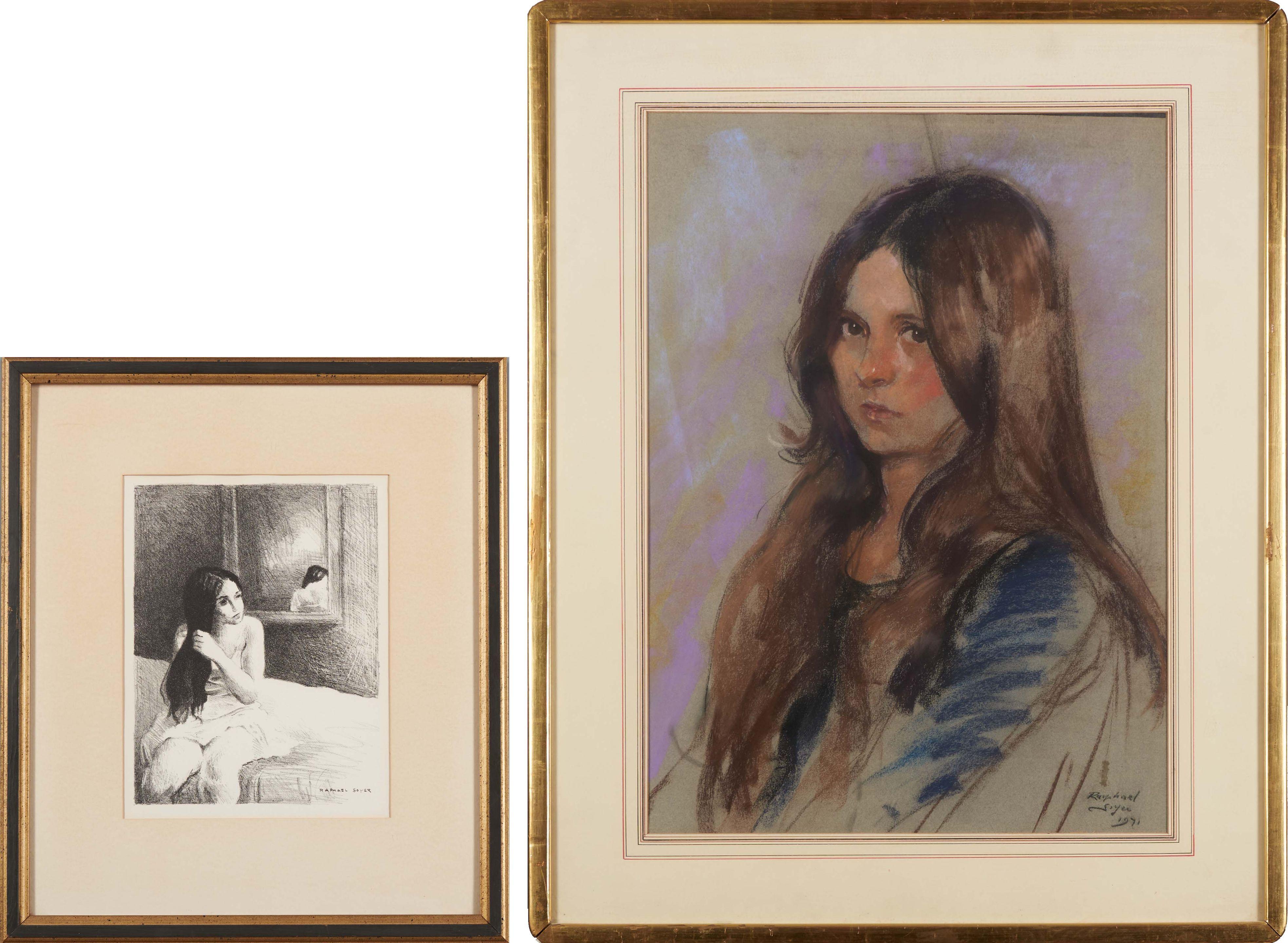 Raphael Soyer - Two Framed Works Of Women: Portrait Of A Woman And Woman Fixing Her Hair
