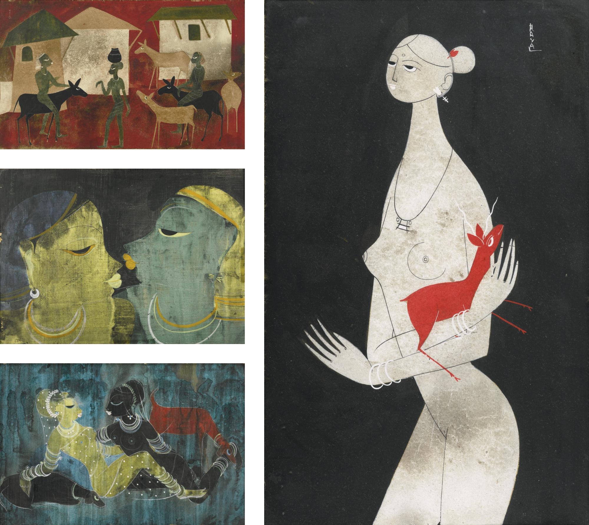 Rasik Durgashanker Raval - Untitled (Two Women With Dogs); Untitled (Two Women); Untitled (Woman With Deer); Untitled (Village Scene)