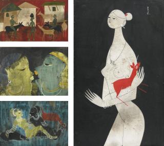 Rasik Durgashanker Raval - Untitled (Two Women With Dogs); Untitled (Two Women); Untitled (Woman With Deer); Untitled (Village Scene)