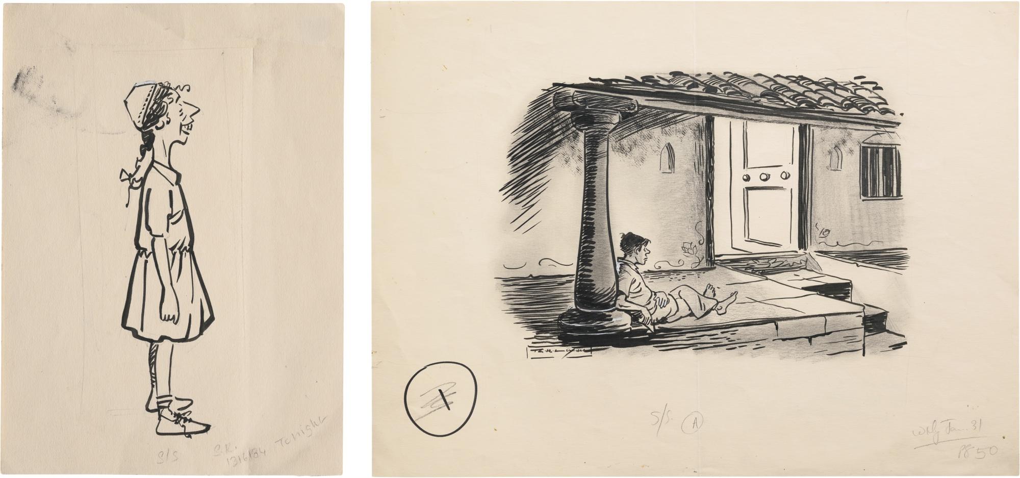 Rasipuram Krishnaswami Iyer Laxman - Untitled (Man Lying In The Verandah); Untitled (The Parsi Girl) 