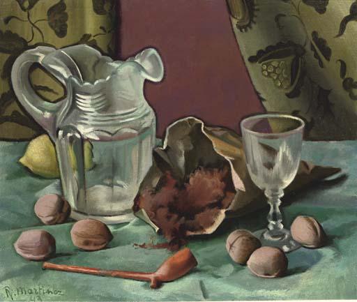 Raul Martinez - A still life with a pipe, tobacco and walnuts