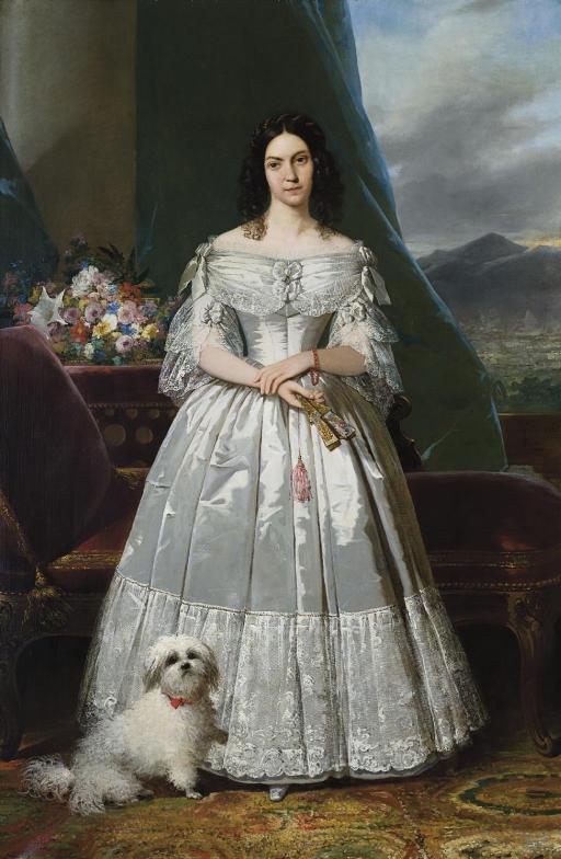 Raymond Auguste Quinsac Monvoisin - Portrait of A Woman With A Fan And A Dog