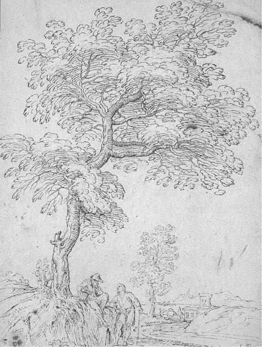 Raymond Lafage - Un paysage avec deux figures sous un arbre