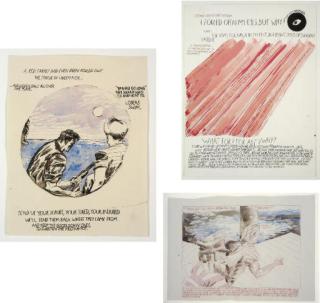 Raymond Pettibon - (i) I forced open my eyes. But why? (ii) C\'Mon Ray (iii) Send us your scrubs, your tired, your injured