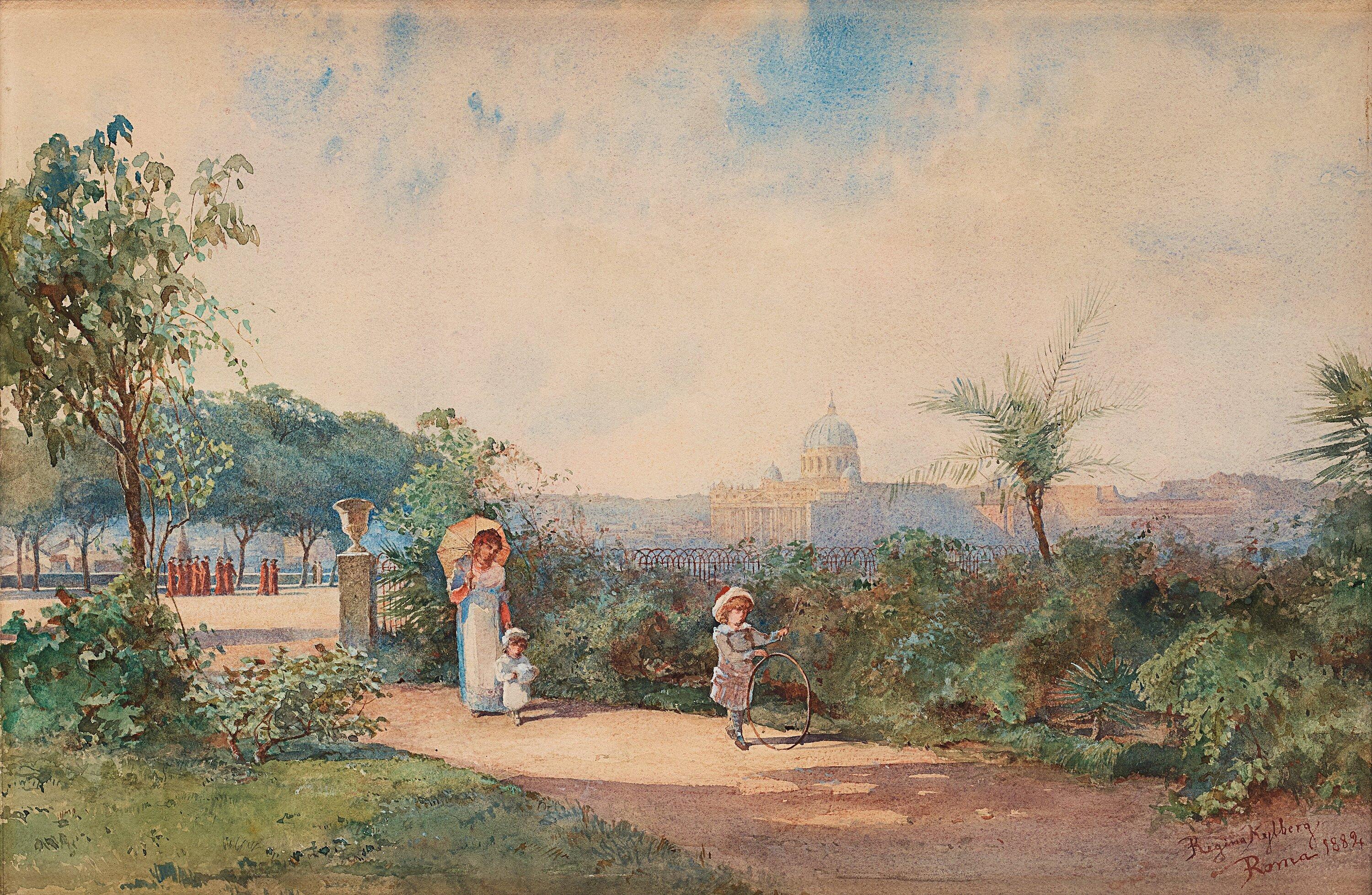 Regina Kylberg-Bobeck - Park scene overlooking St. Peter\'s Basilica, scene from Rome