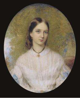 Reginald Easton - A young lady, seated in white dress with lace collar, blue ribbons at her elbows, dark hair, wearing a gold necklace suspended from a black ribbon; landscape background