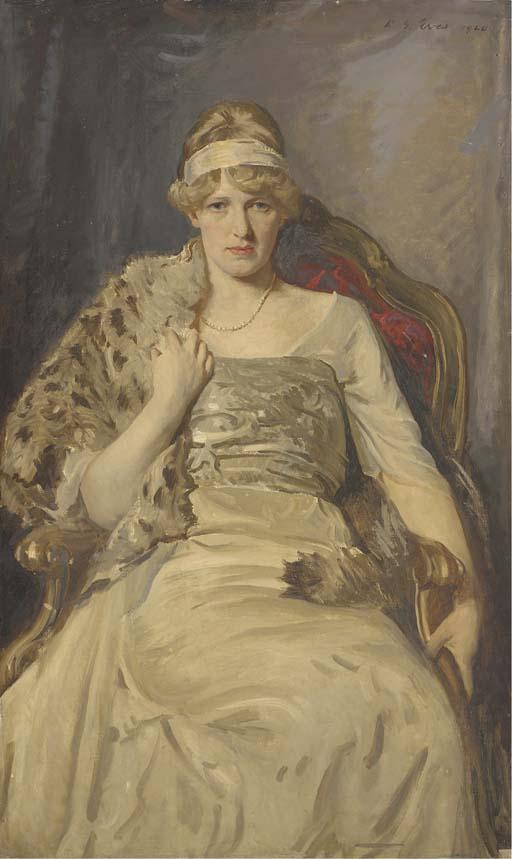 Reginald Granville Eves, R.A., R.O.I., R.I., R.P. - Portrait of a lady, seated three-quarter-length, in a white dress and fur shawl