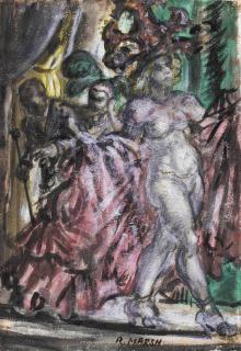 Reginald Marsh - Burlesque And Tugboats At Dock: A Double-Sided Watercolor