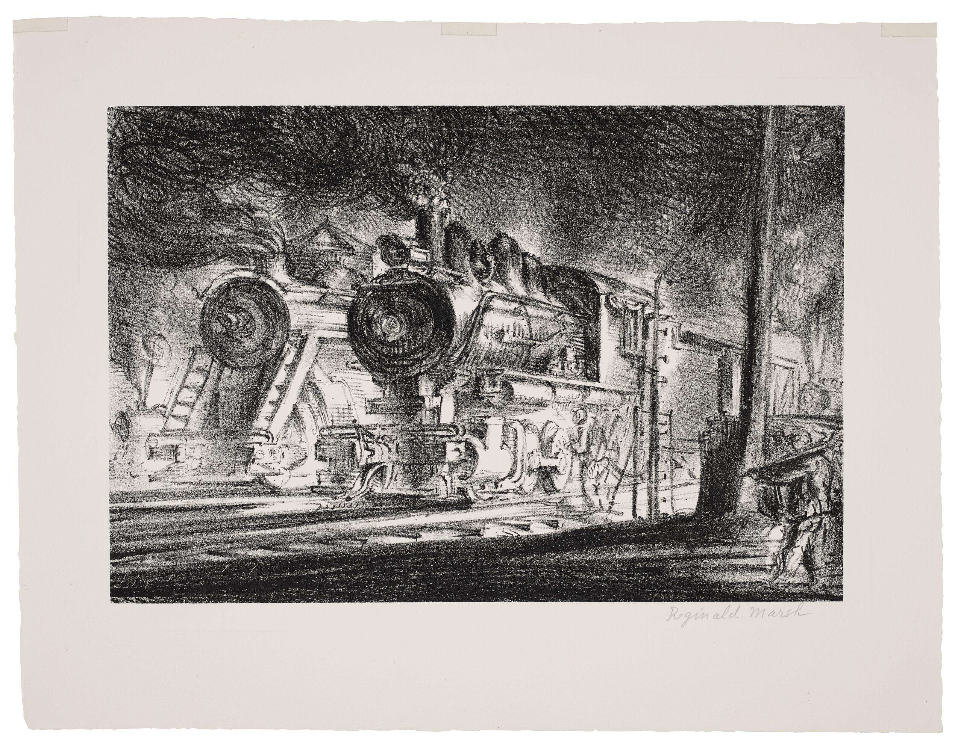 Reginald Marsh - Switch Engines, Erie Yards, Jersey City (Stone No. 3)