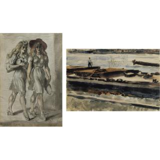 Reginald Marsh - Two Girls Walking And By The Pier:  A Double-Sided Watercolor