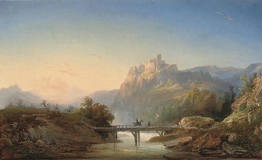 Régis Francois Gignoux - Travellers crossing a bridge before a ruined Citadel
