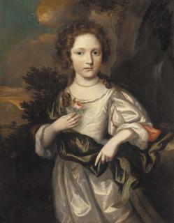 Regnier de la Haye - Portrait of a young girl, three-quarter-length, in a white dress with a green shawl, a rose in her right hand, a view to a wooded landscape beyond