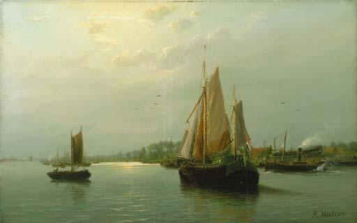 Rein Miedema - Becalmed on the river, a ship-building yard on the right