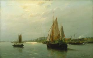 Rein Miedema - Becalmed on the river, a ship-building yard on the right