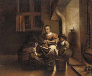 Reinier Coveyn - A woman and her children in a kitchen