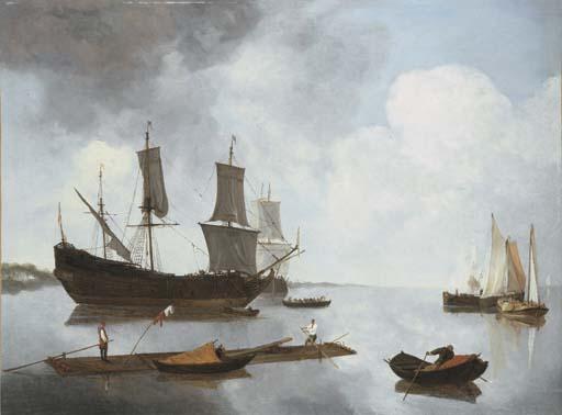 Reinier Nooms - A ferry and shipping in a calm off a coastline