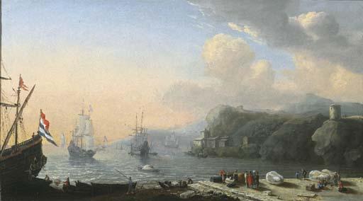 Reinier Nooms - A mediterranean coastal landscape with merchants at a quay, shipping in a bay beyond