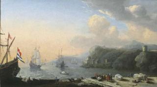 Reinier Nooms - A mediterranean coastal landscape with merchants at a quay, shipping in a bay beyond
