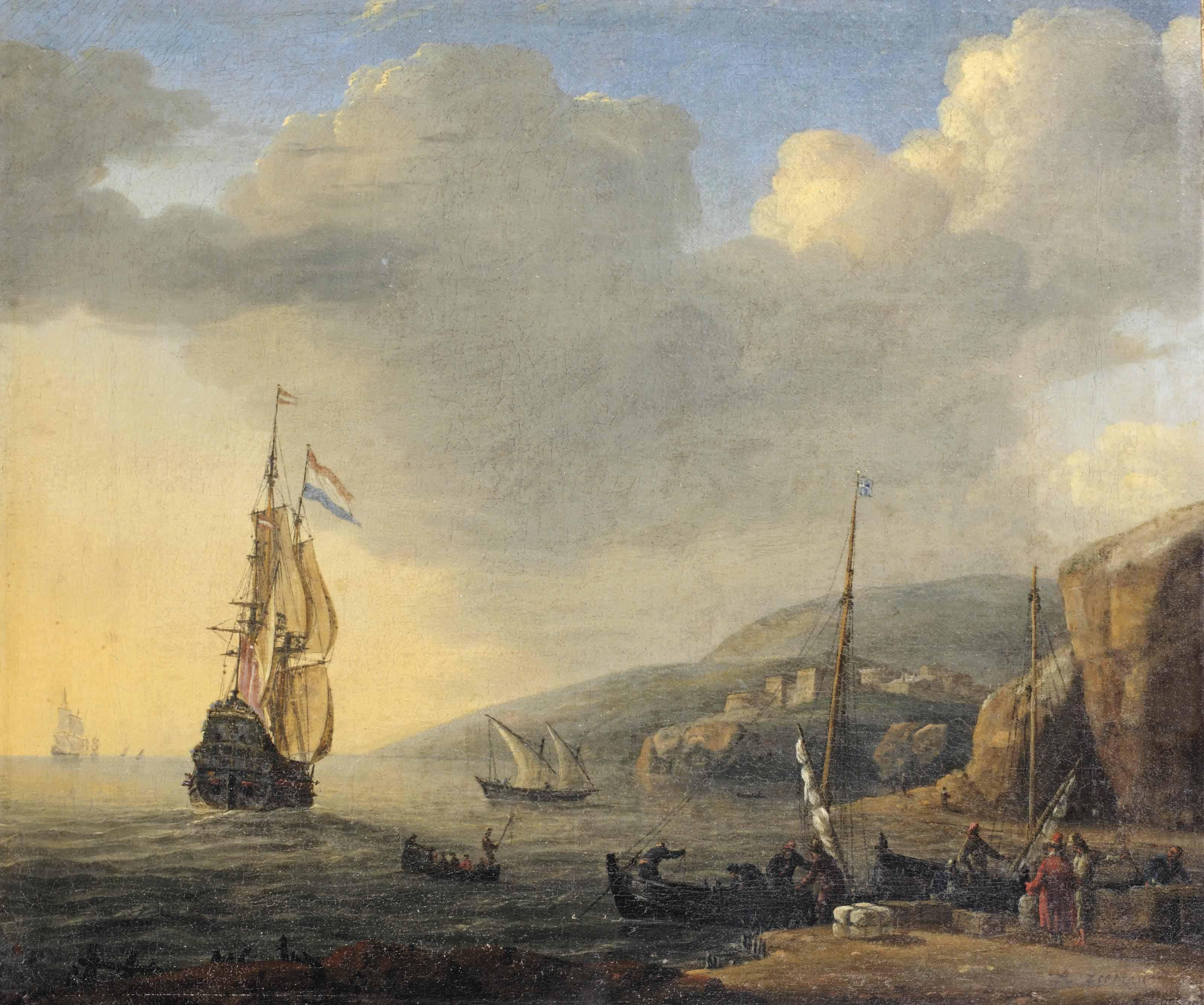 Reinier Nooms - A Mediterranean Landscape With Merchants And Fishermen Loading Boats