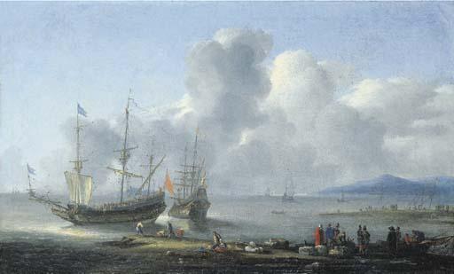 Reinier Nooms - An coastal landscape with two merchantmen at anchor, merchants on a quay in the foreground