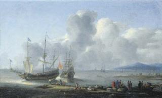 Reinier Nooms - An coastal landscape with two merchantmen at anchor, merchants on a quay in the foreground