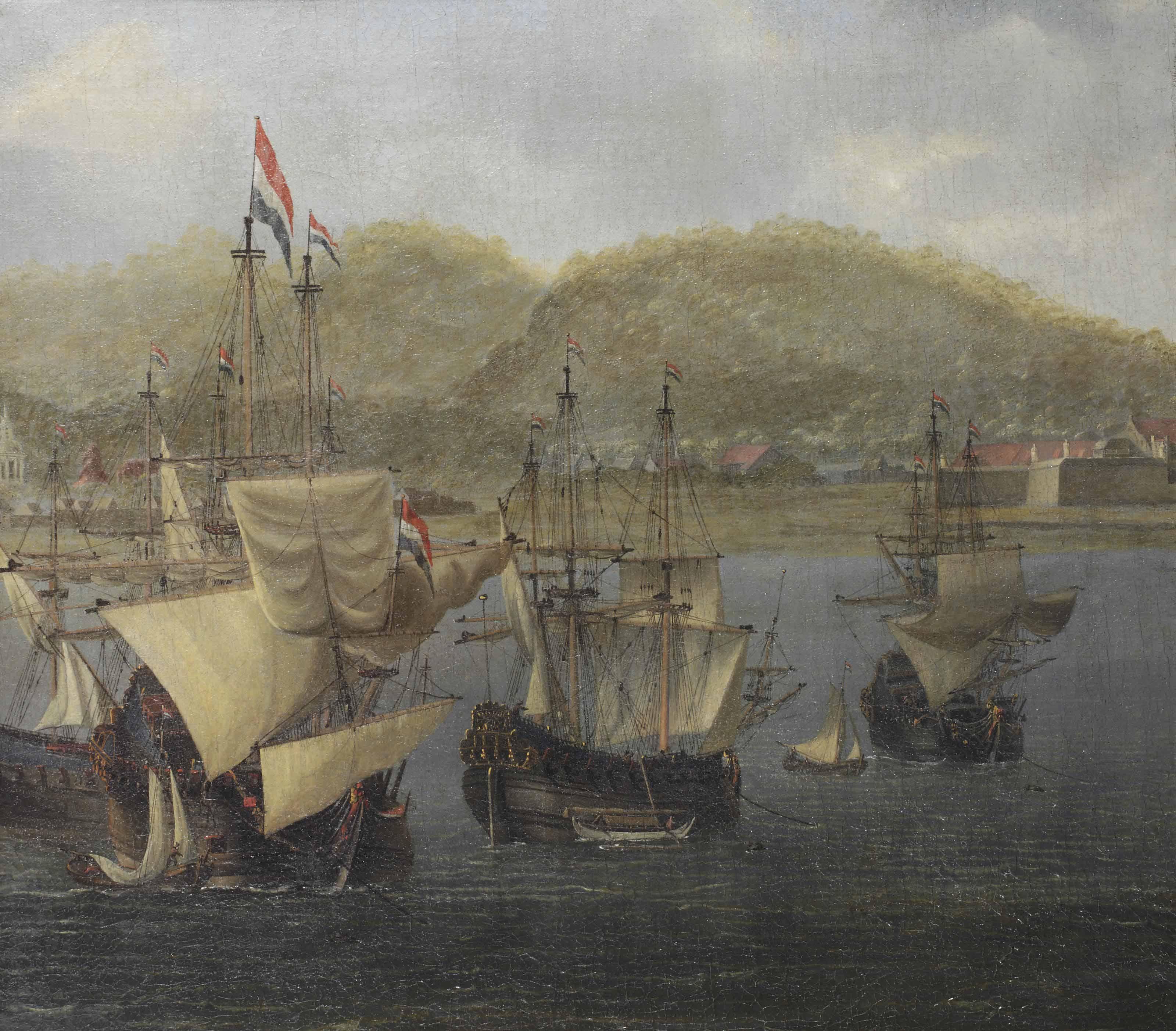 Reinier Nooms - Four VOC three-masters at anchor in front of a colonial fortress