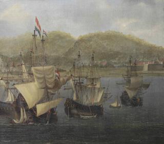 Reinier Nooms - Four VOC three-masters at anchor in front of a colonial fortress