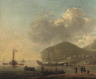 Reinier Nooms - Shipping before a Mediterranean coast with a fortified town near a cliff