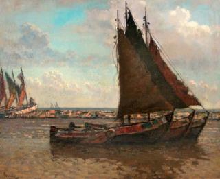 Reinier Sybrand Bakels - Sailingvessels in a harbour